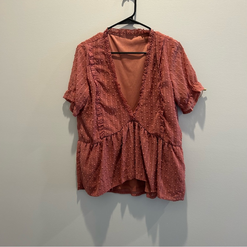 Lovely rose color v-neck blouse sheer with camisole (hi-low). Very flowy.